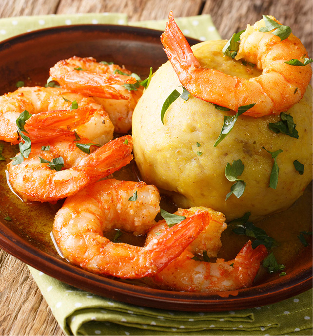 dish of Mofongo served with shrimps