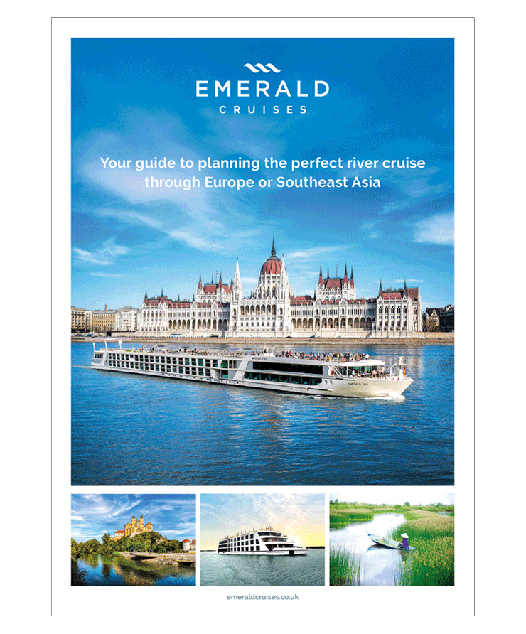 Brochure front cover, featuring river cruise ship sailing past the Hungarian Parliament Building 