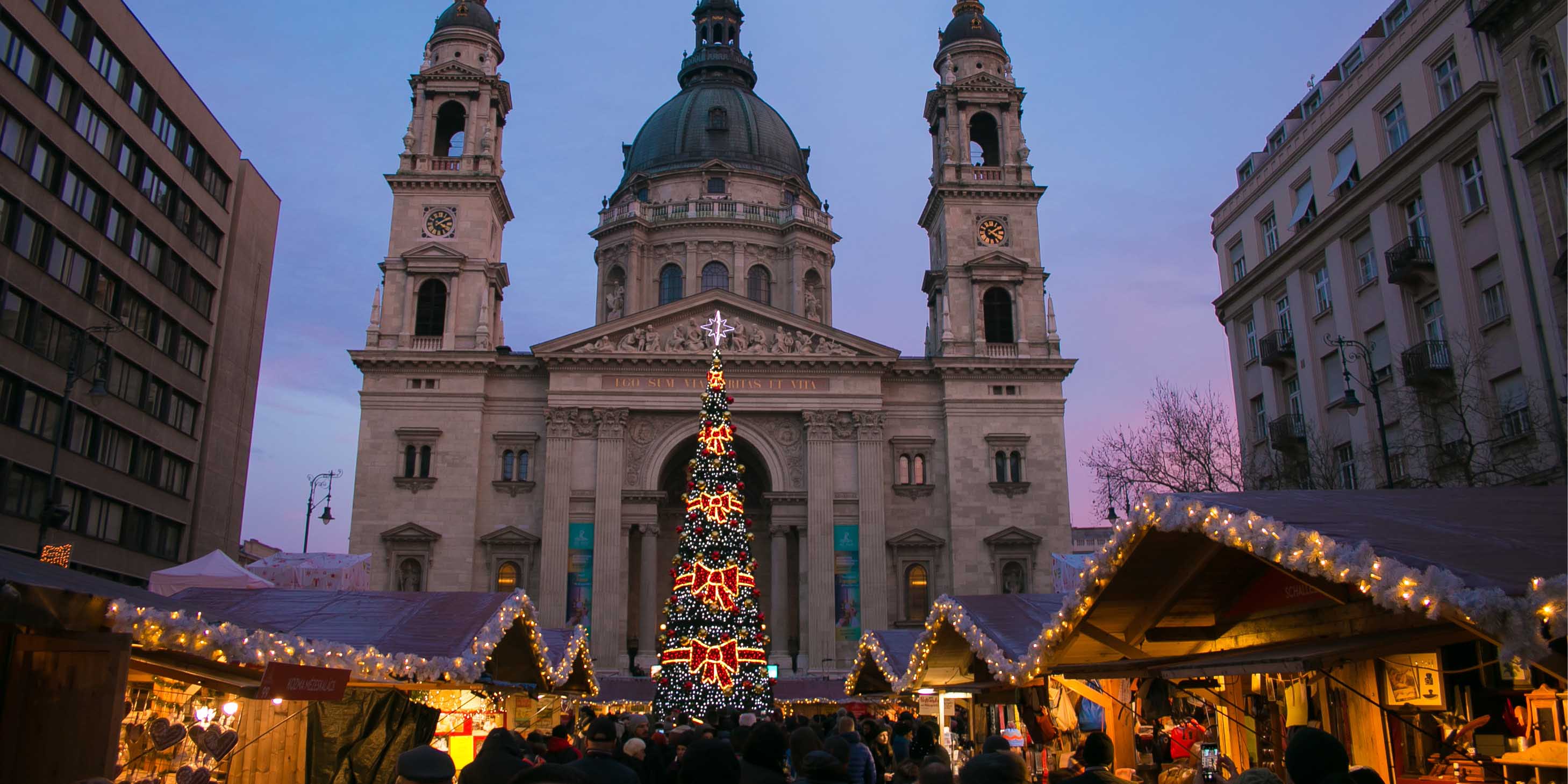 Christmas market at Saint Stephen Basilica square in the centre of Budapest, Hungary