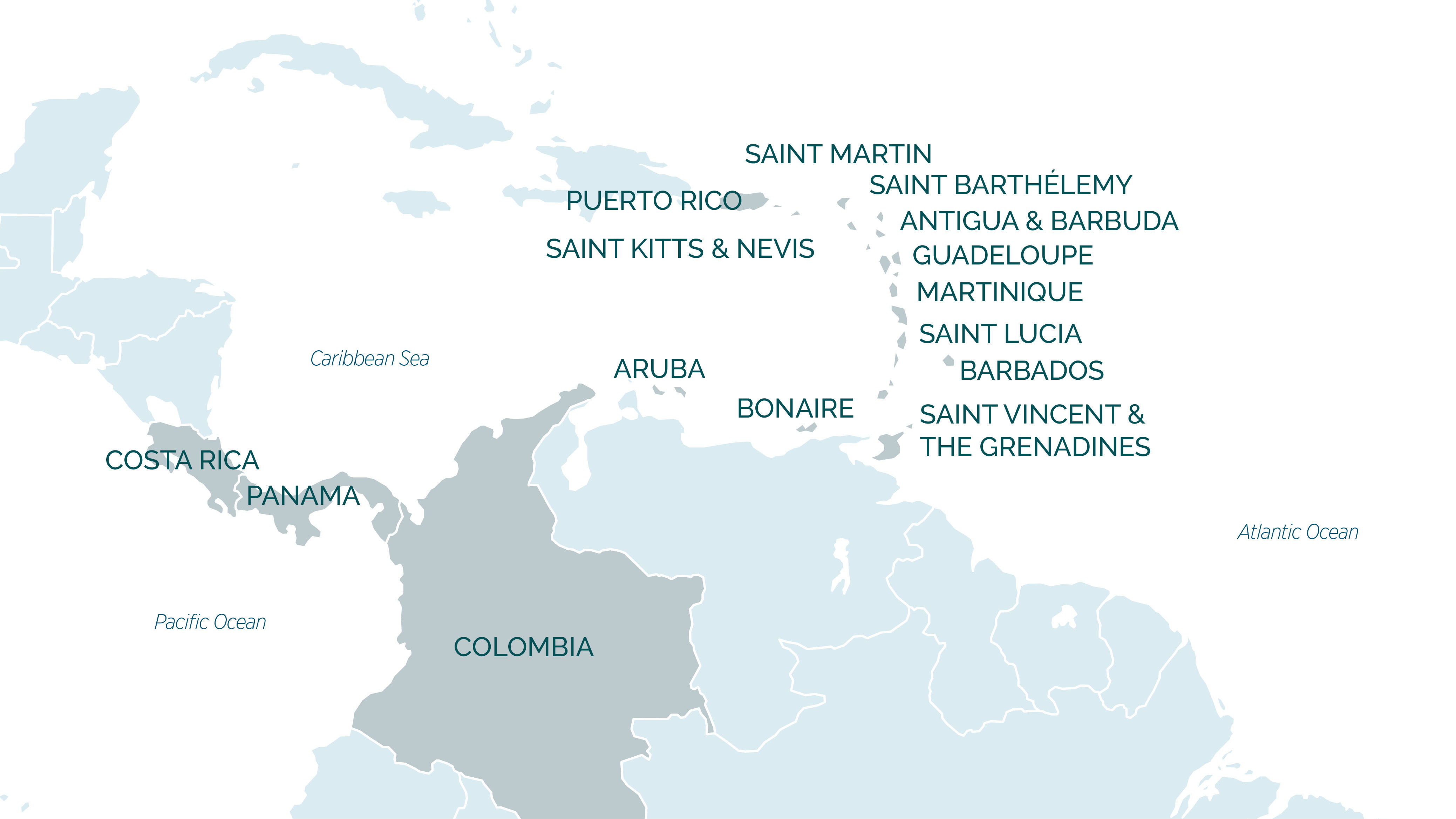 Map of South America and the Caribbean showing the Atlantic Ocean, the Caribbean Sea, Columbia, Costa Rica, Panama, Antigua, Saint Lucia, Barbados and more.