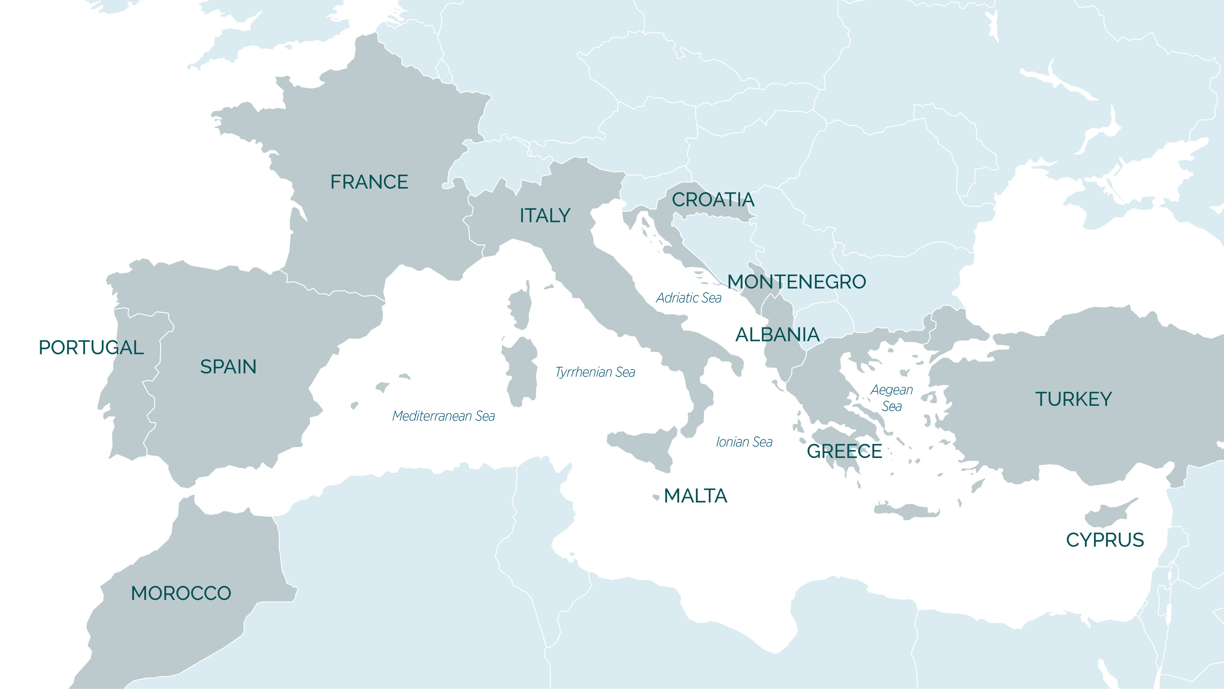 Map of the Mediterranean including France, Italy, Croatia and Turkey