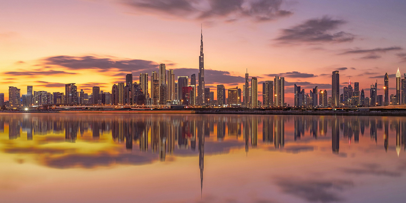 Dubai skyline at sunset