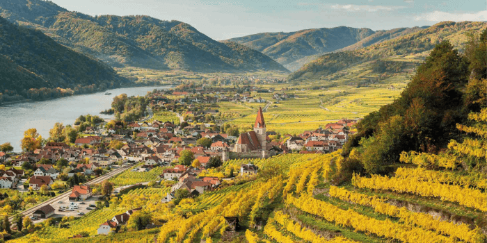 Quaint village nestled amongst the vineyards and lush green mountains in the striking Wachau Valley along the Danube River
