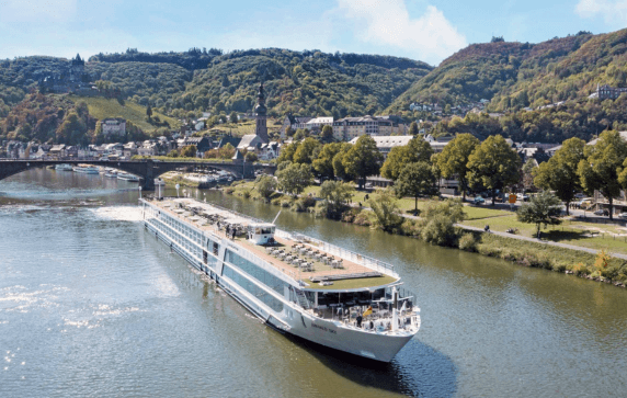 Luxury river ship sailing through Cochem, Germany