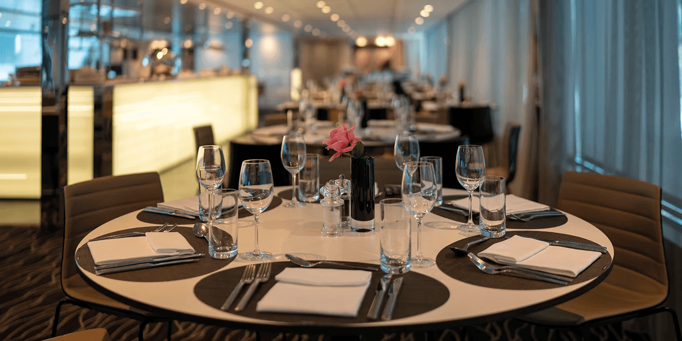 Stylish restaurant on board a luxury river ship sailing the rivers of Europe