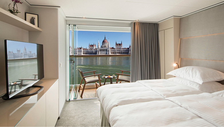 Balcony views of the Hungarian Parliament Building on the Danube River in Budapest, Hungary