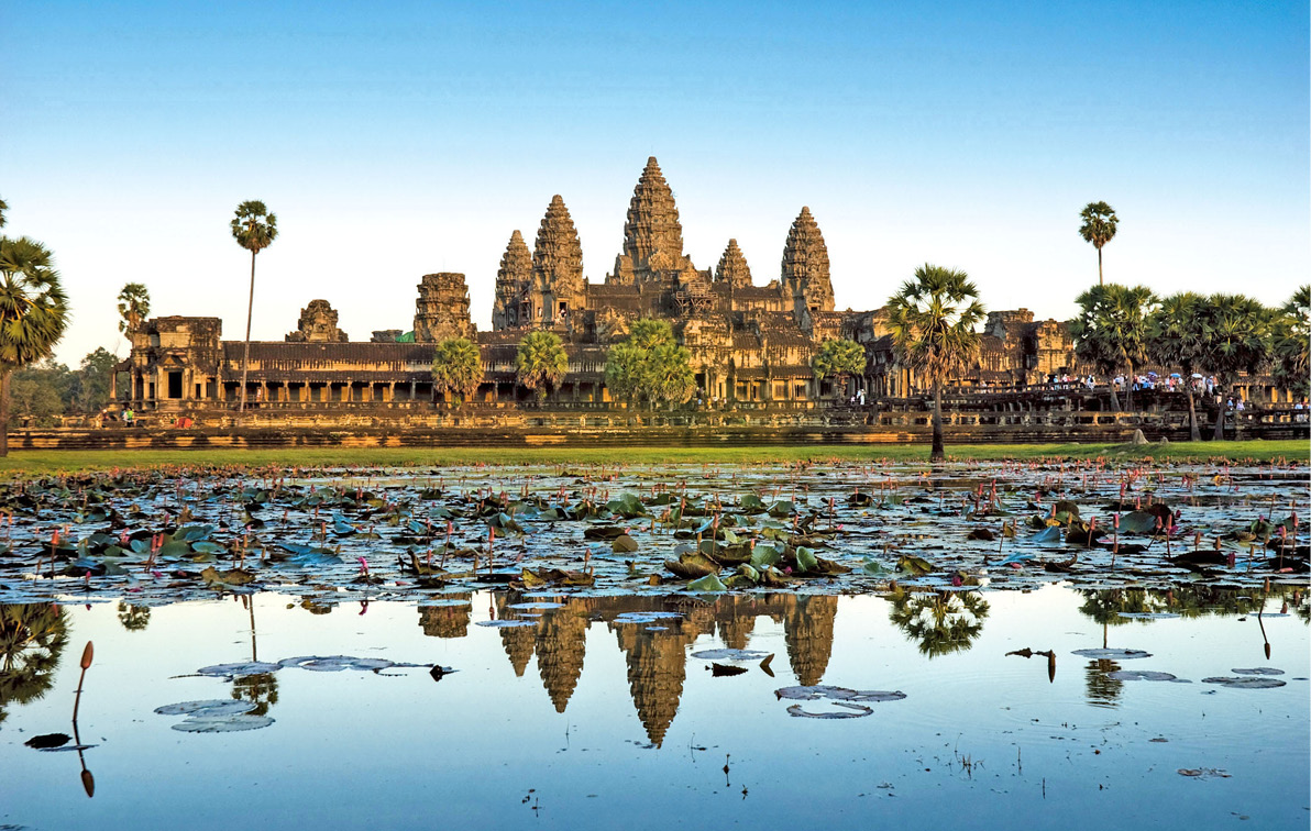 Angkor Wat Temple in Cambodia with bright blue skies