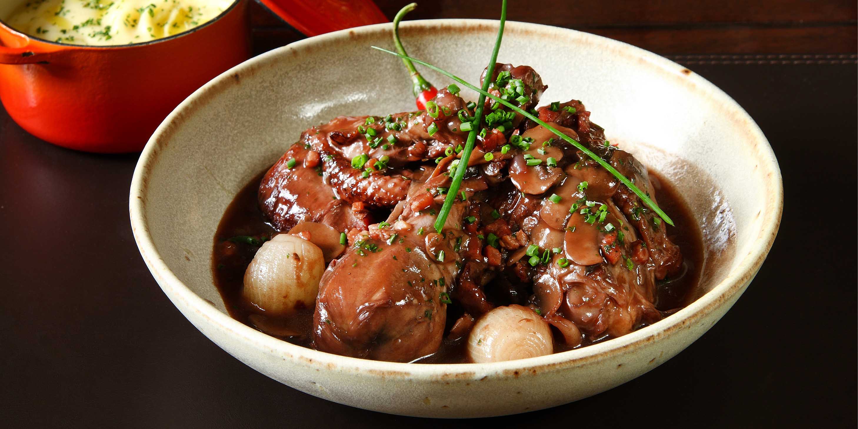 Traditional Coq au Vin meal