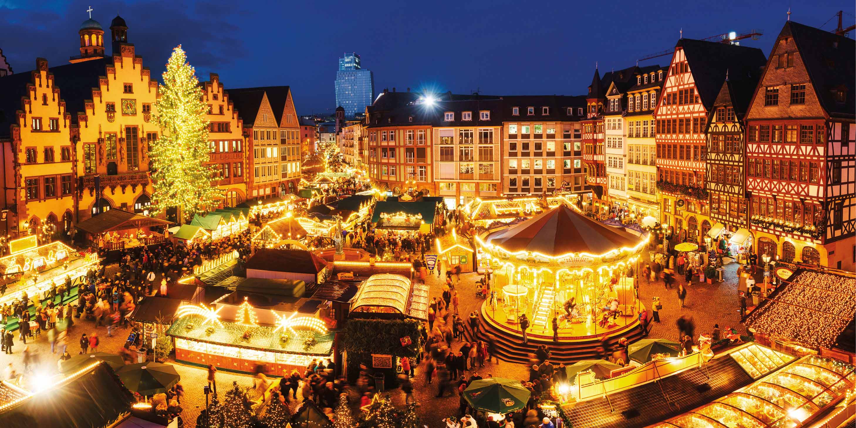 Bustling and brightly lit Christmas markets in Frankfurt, Germany