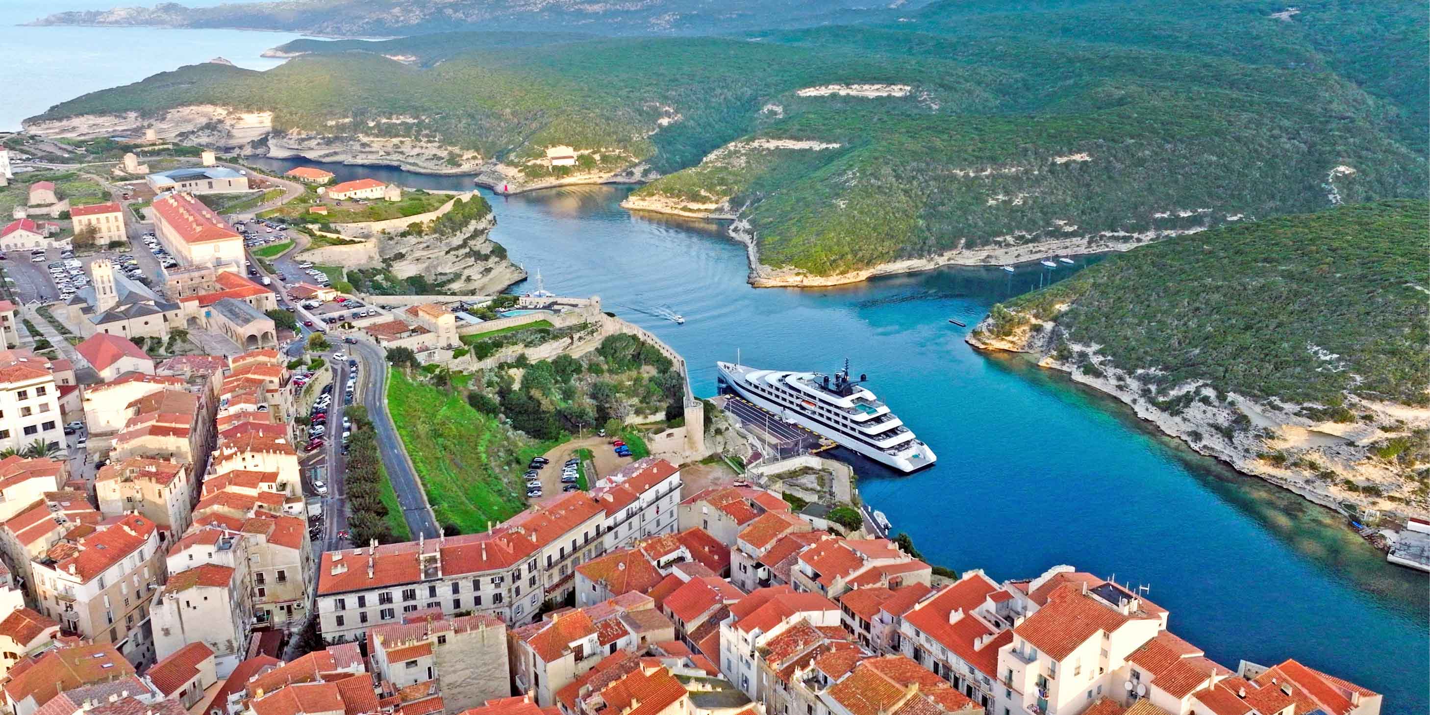 A luxury yacht docked in Bonifacio in Corsica